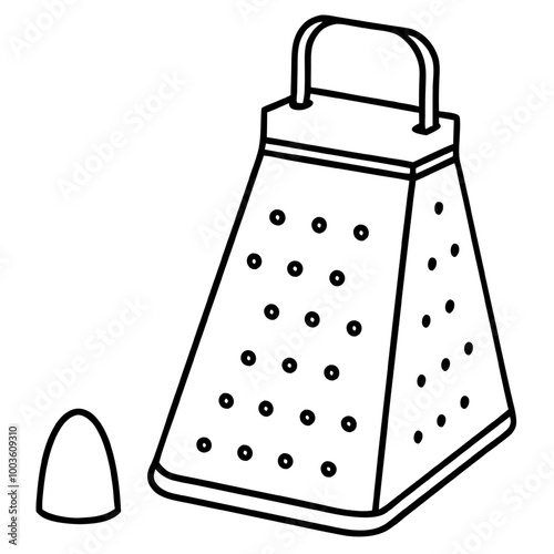 Cheese Grater and Wedge: A simple line drawing of a classic kitchen tool, a cheese grater, with a wedge of cheese beside it.