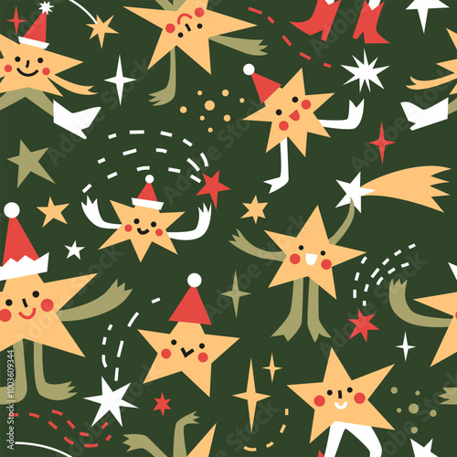Seamless pattern with Cute abstract dancing shooting stars.  Hand drawn vector illustration. Naive childish design. Funny Christmas background, wrapping paper.