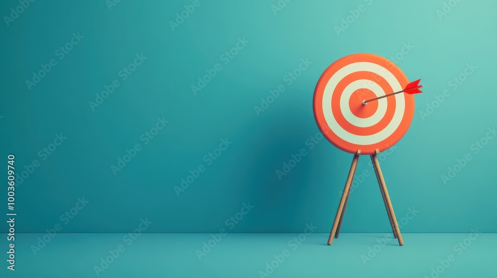 A target with an arrow hitting the bullseye against a solid blue background. A target with an arrow hitting the bullseye against a solid blue background.