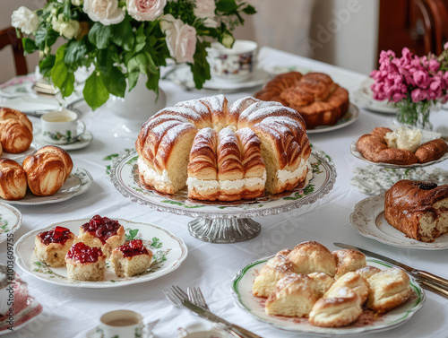  A beautiful table set with an elegant display of homemade, delicious pastries, cakes, and crescent rolls, with a large cake in the center that is covered in white sugar powder. Created with Ai