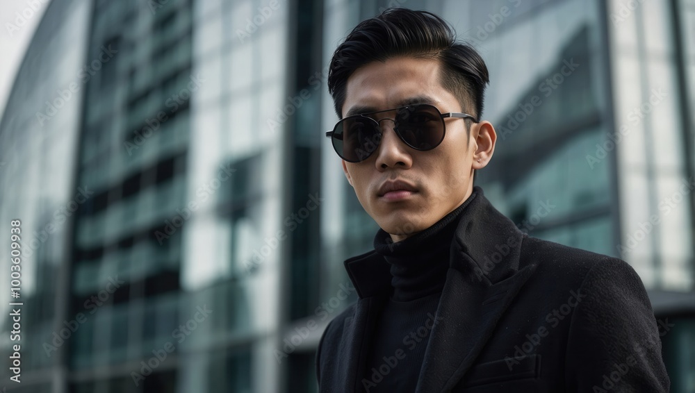 Man in a black coat posing in front of an architectural structure in an urban setting Man in a black coat posing in front of an architectural structure in an urban setting