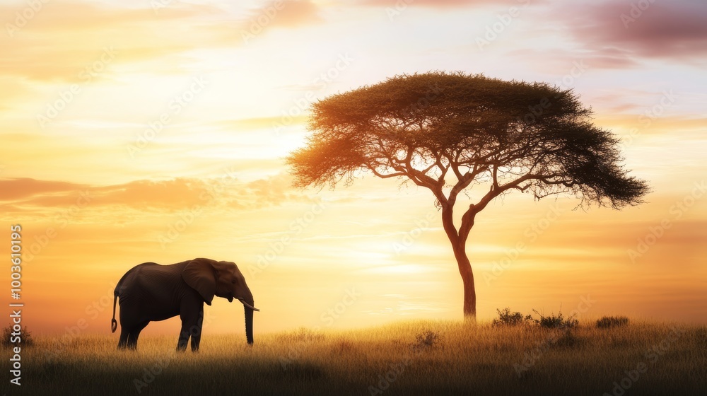 Obraz premium Majestic elephant silhouette against a vivid African sunset, casting dramatic shadows beside a lone tree on the horizon, embodying the beauty of wildlife and nature's tranquility
