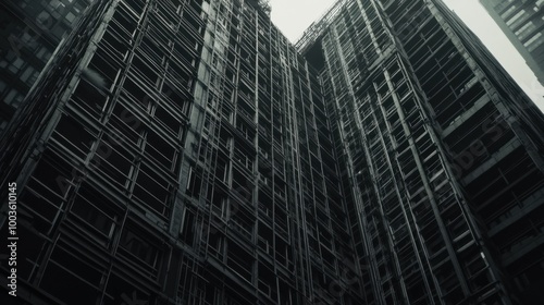 A close-up shot of the intricate steel beams and support structures of a tall building under construction, showing the skeleton of the skyscraper.