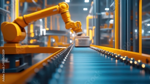 A conveyor belt carrying raw materials through an automated section of an industrial plant, with robotic arms working in the background.