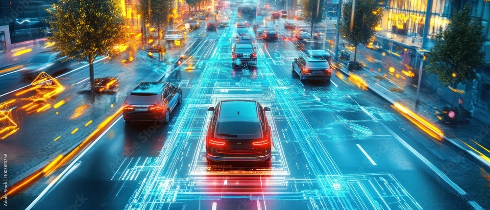 A futuristic cityscape with cars and digital overlays representing smart transportation. A futuristic cityscape with cars and digital overlays representing smart transportation.