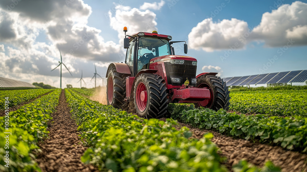 Red tractor working in a sunny field with clean energy from solar panels and wind turbines in the background Red tractor working in a sunny field with clean energy from solar panels and wind turbines in the background