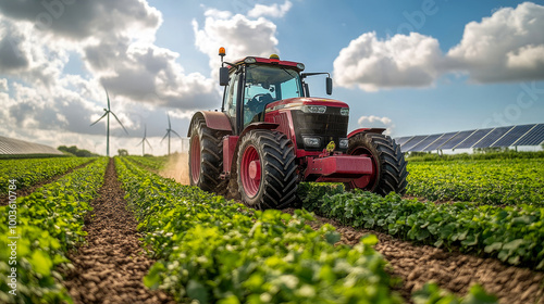Red tractor working in a sunny field with clean energy from solar panels and wind turbines in the background photo