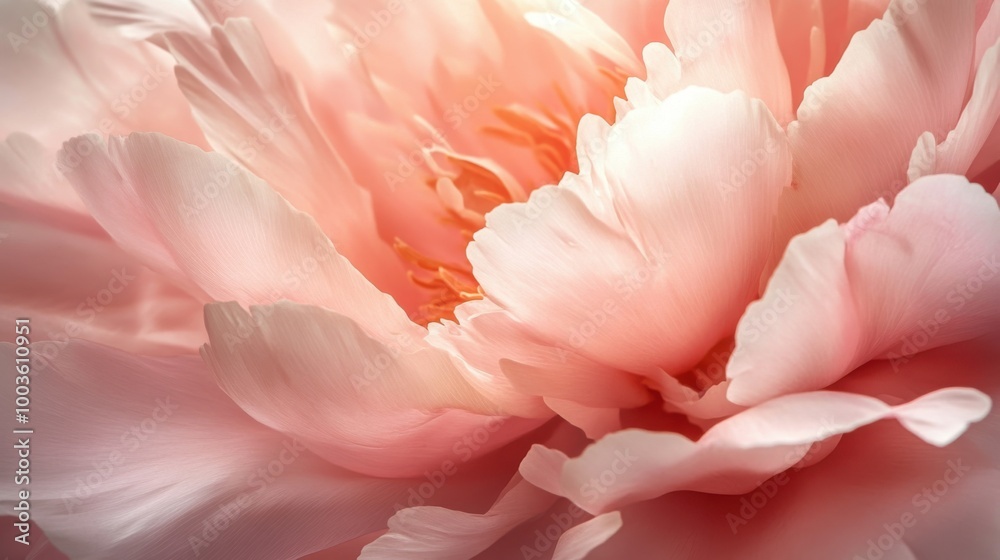 A close-up of a blooming peony with soft pink petals and delicate textures, illuminated