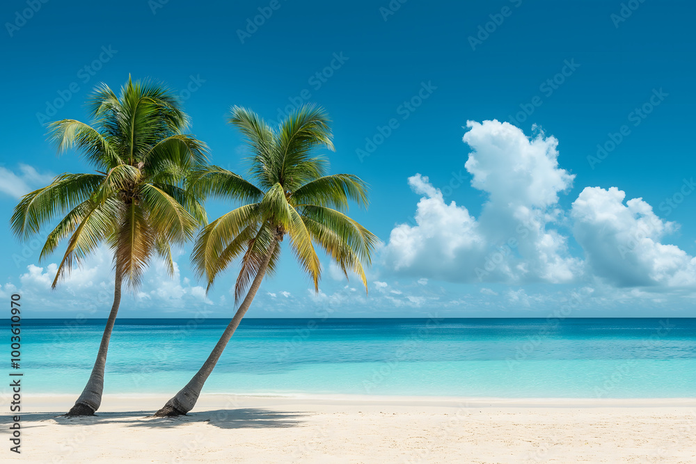 A tropical beach, sand with palm trees and the ocean in the background, Summer holiday A tropical beach, sand with palm trees and the ocean in the background, Summer holiday
