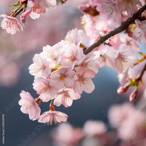 Beautiful close-up of delicate pink cherry blossoms in full bloom, symbolizing springtime renewal and natural beauty against a soft background.