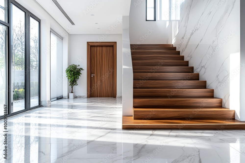 Wooden staircase and marble floor in minimalist interior design of ...