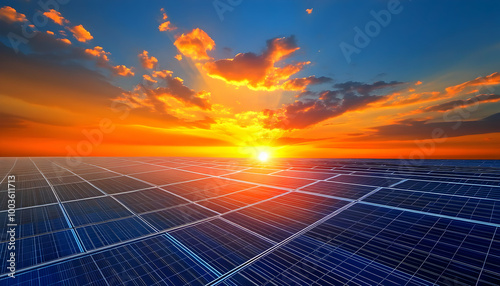 Solar panels at sunset with a vibrant sky.