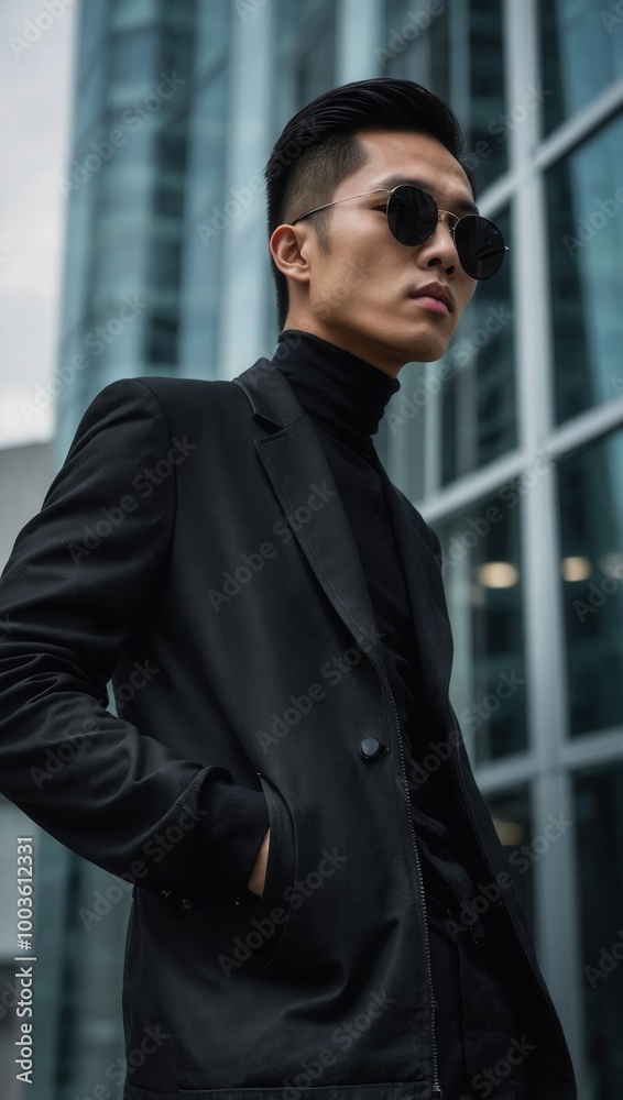 Young man in a dark blazer and turtleneck posing in front of reflective glass windows Young man in a dark blazer and turtleneck posing in front of reflective glass windows