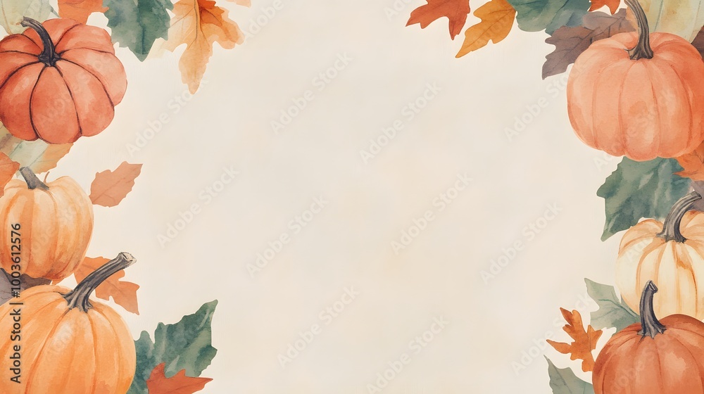 Fototapeta premium A fall harvest border featuring pumpkins, gourds, and foliage adds rich fall colors to design, 