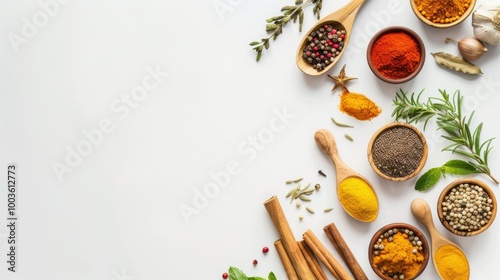 A collection of spices and herbs are displayed in wooden spoons