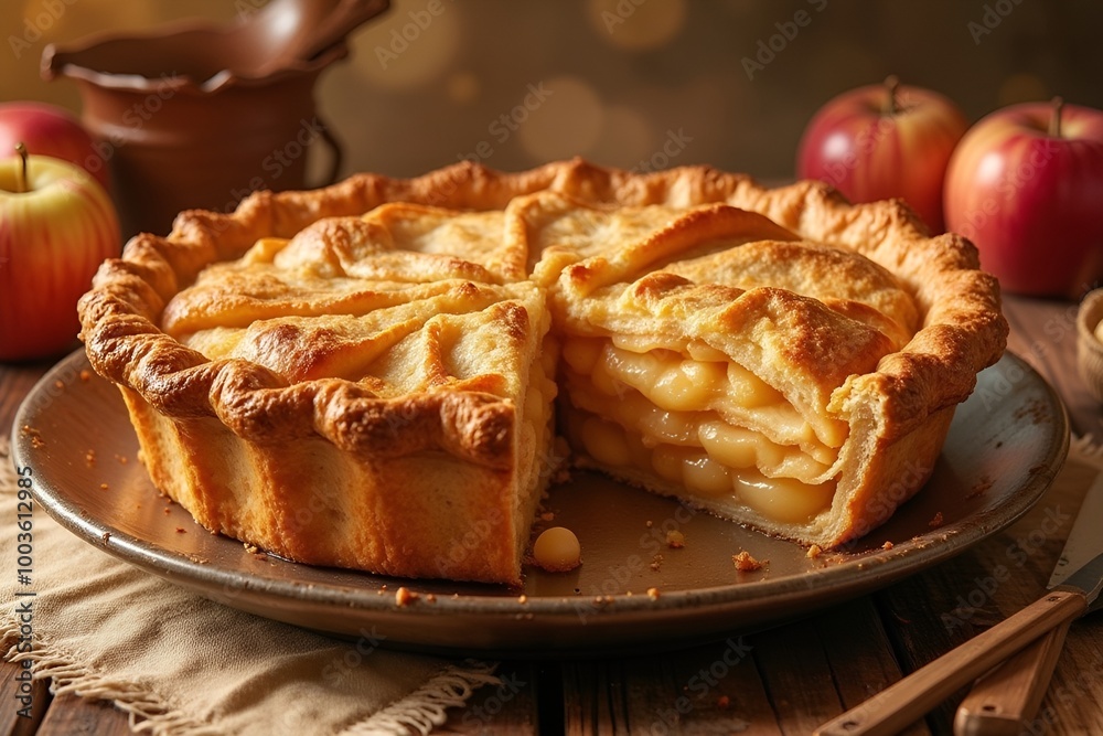 Homemade Sliced Apple Pie with Golden Flaky Crust and Fresh Apples Homemade Sliced Apple Pie with Golden Flaky Crust and Fresh Apples