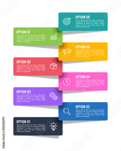 8 process vertical infographic colorful label design. Business presentation, list, banner, brochure, strategy and planning. Vector illustration.