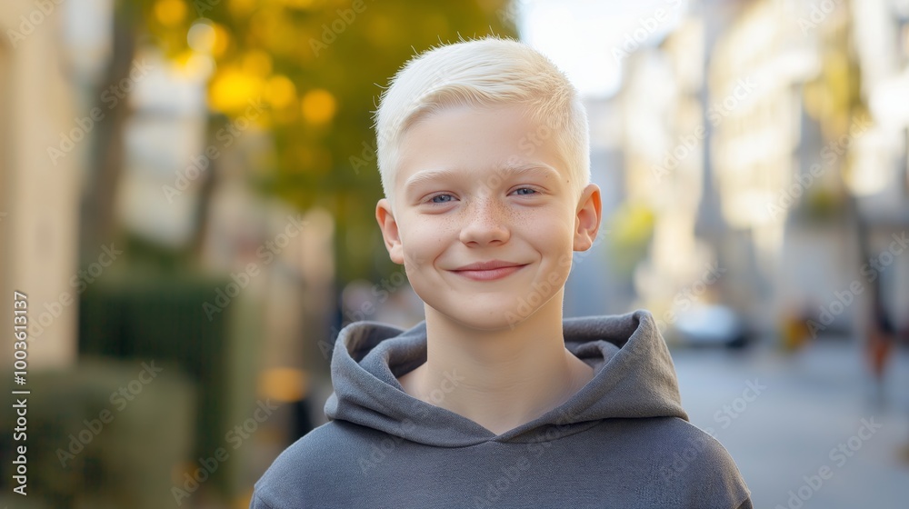 Cheerful Southern European Albino Teenage Boy Outdoors, Urban Background, Sunny Day