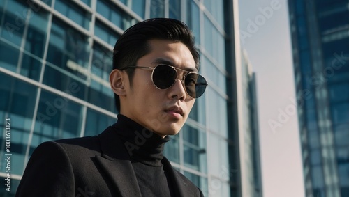 Asian man in dark blazer with neutral expression posing in front of urban glass buildings