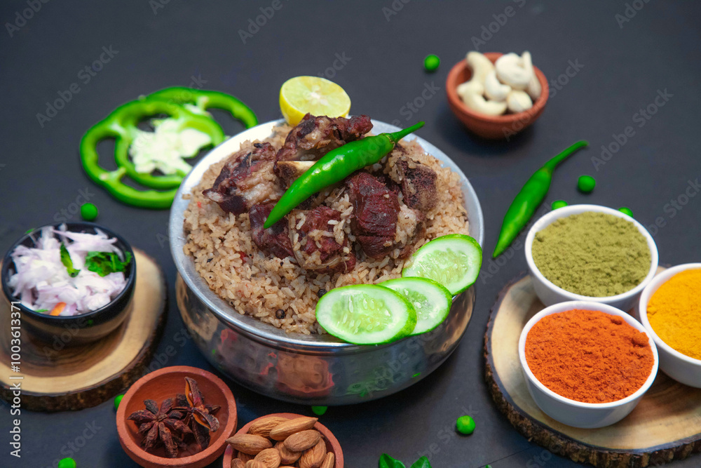 mutton biryani, beef biryani, chicken biryani along with cucumber slice, onion, onion raita, capsicum, cashews, almond, green peas, chili powder, coriander powder and spices on silver bowl