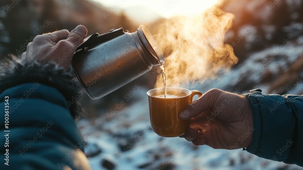 Fototapeta premium A person pours steaming hot beverage from a thermos into a cup in a scenic outdoor setting.