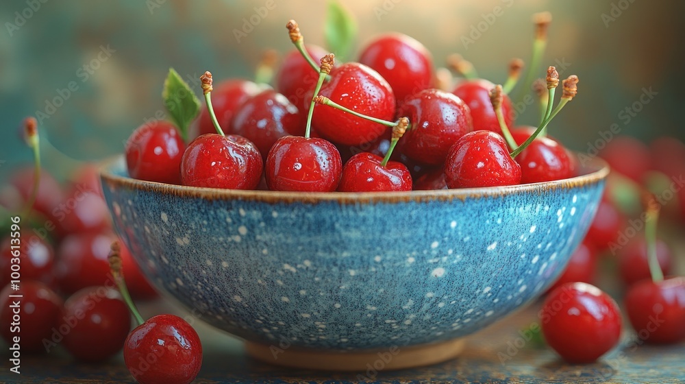 A bowl of fresh, ripe cherries with a few scattered around. A bowl of fresh, ripe cherries with a few scattered around.