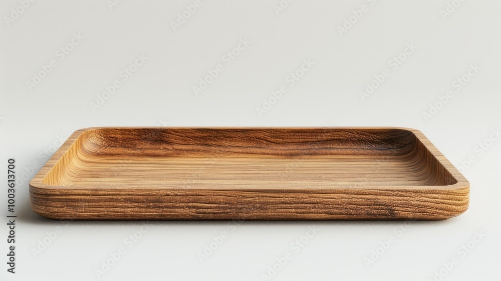 A wooden tray is empty and sits on a white background