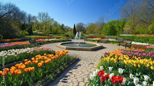 A panoramic view of a large, well-maintained garden filled with rows of blooming flowers, with a fountain in the center and benches along the paths.