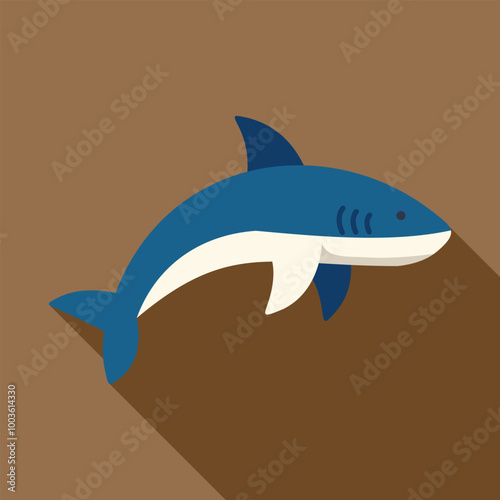 Minimalist illustration of a blue shark swimming underwater, featuring a long shadow and flat design