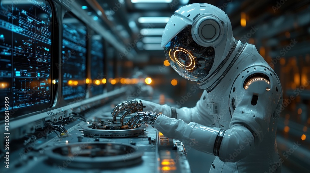 Fototapeta premium Astronaut in a futuristic control room