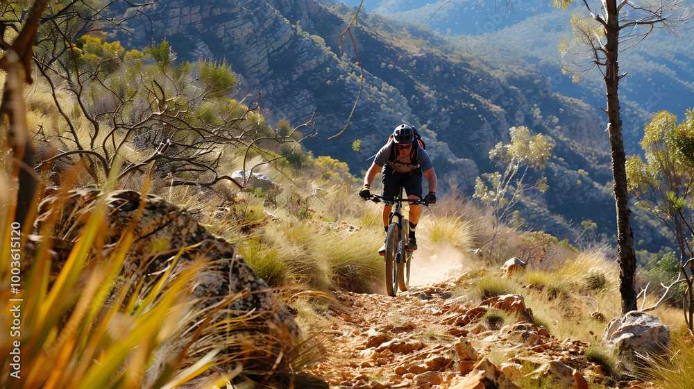 A daring mountain biker navigates steep, rocky terrain with skill and speed on his descent. A daring mountain biker navigates steep, rocky terrain with skill and speed on his descent.