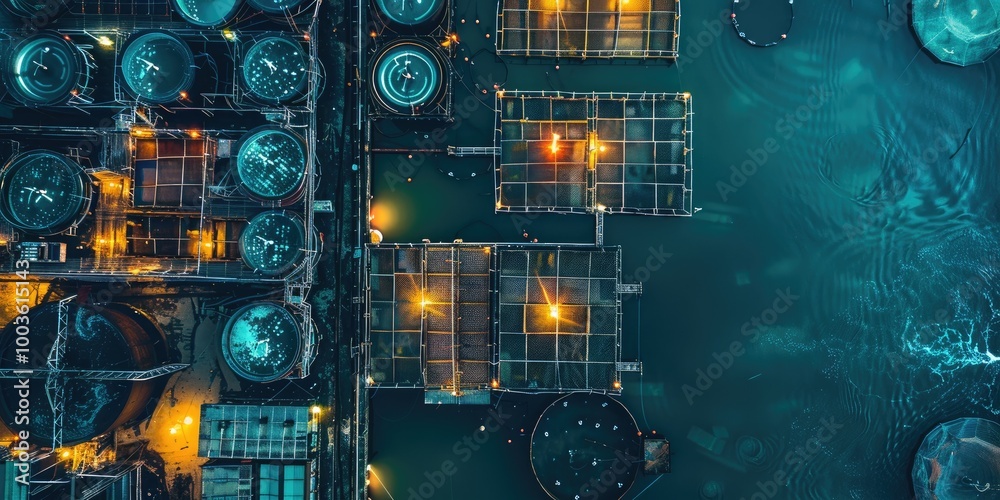 Bird's-eye perspective of a marine farming operation featuring netted enclosures. Bird's-eye perspective of a marine farming operation featuring netted enclosures.