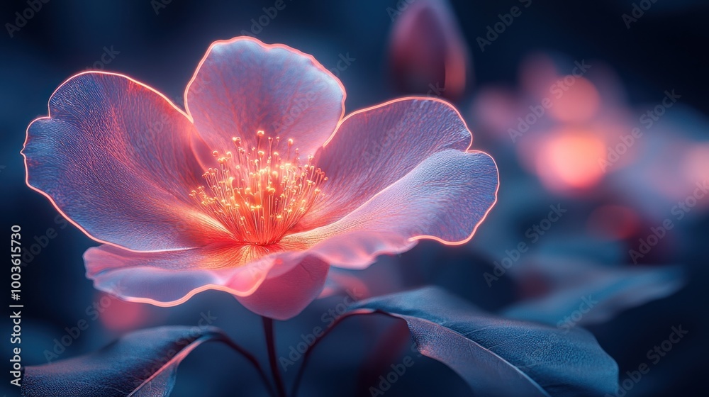 A delicate pink flower glows with a warm light, highlighting its intricate details against a dark background. A delicate pink flower glows with a warm light, highlighting its intricate details against a dark background.