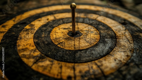 Close-up of a wooden dartboard with concentric circles, focus on the center.