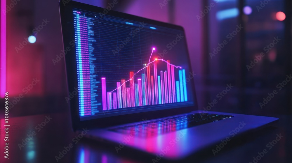 A laptop displaying colorful data visualizations and graphs in a modern setting. A laptop displaying colorful data visualizations and graphs in a modern setting.