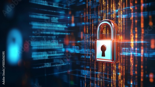 Digital lock sign over a binary code background, representing big data and encrypted computer code for enhanced internet security and privacy concepts in a 3D illustration