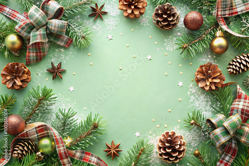 Christmas Pinecones and Stars on Pastel Green