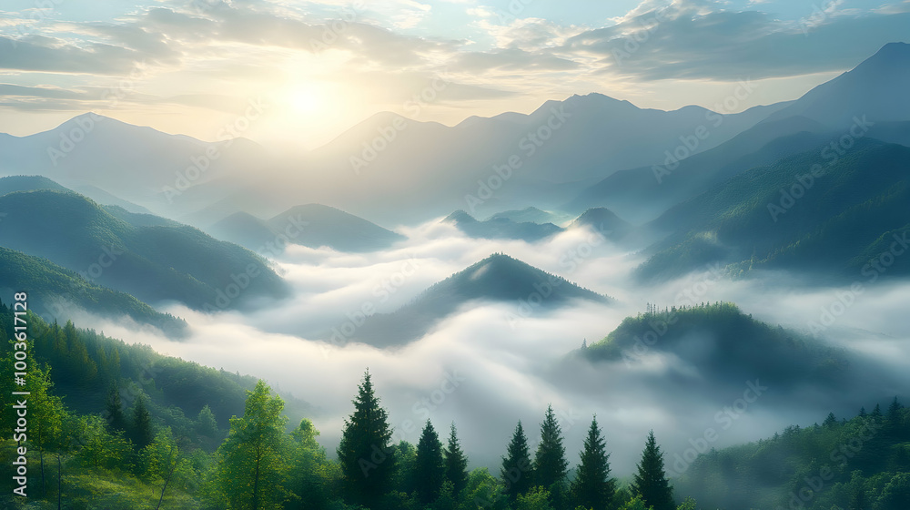 Obraz premium Misty Mountain Sunrise - A Stunning Landscape Photo