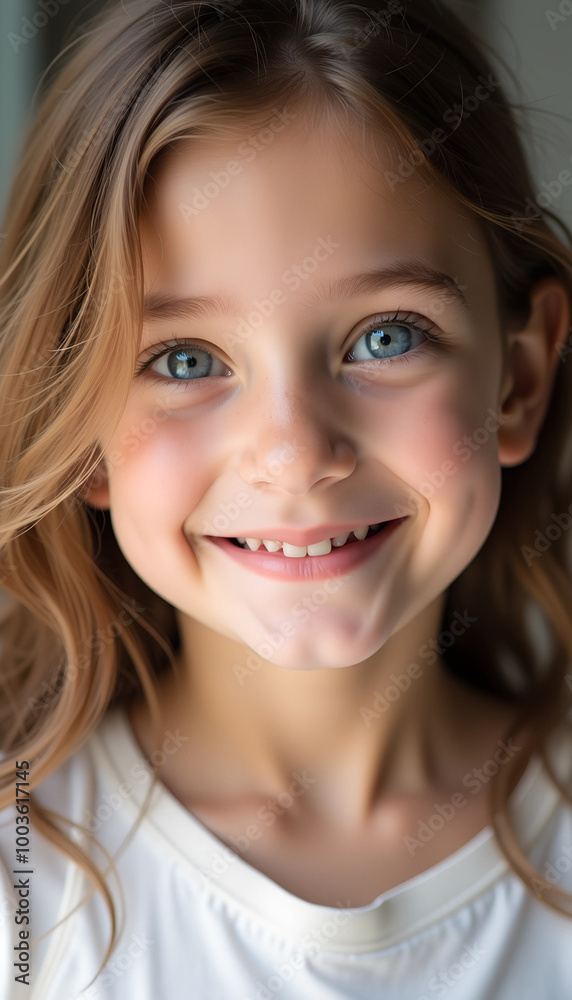 Smiling young girl with blue eyes and dimples in soft light Smiling young girl with blue eyes and dimples in soft light