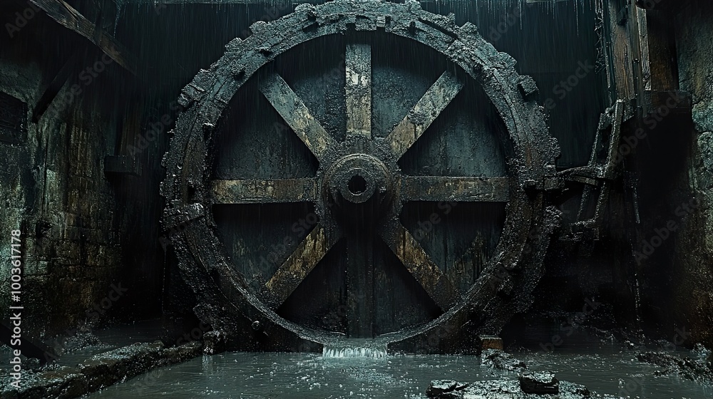 Old Water Wheel in Abandoned Industrial Setting Old Water Wheel in Abandoned Industrial Setting