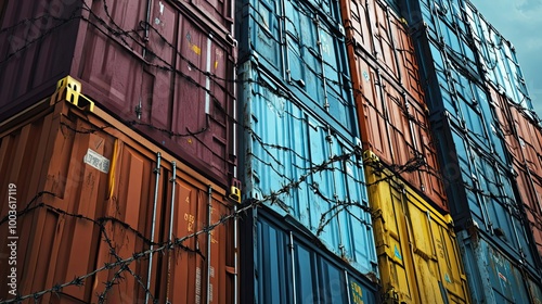 Stacked Cargo Containers Secured with Barbed Wire photo