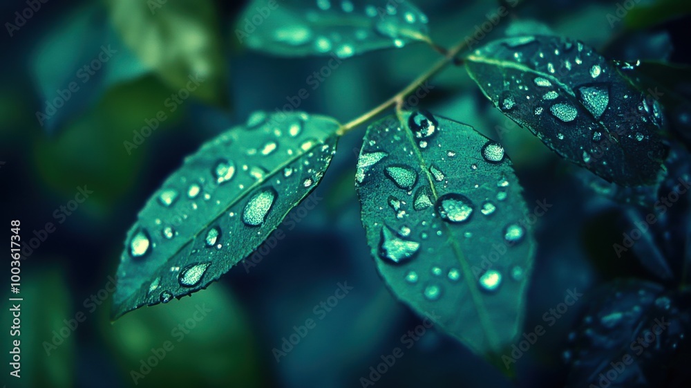 Close-up of green leaves with raindrops, showcasing nature's beauty. Close-up of green leaves with raindrops, showcasing nature's beauty.