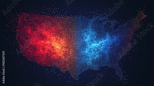 United States pixel dot map showing political division and partisanship through halftone stipple points, illustrating regional differences and voting patterns across the nation