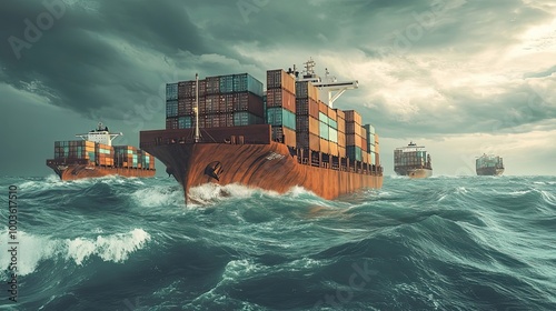 Cargo Ships Navigating Rough Seas with Cloudy Sky photo