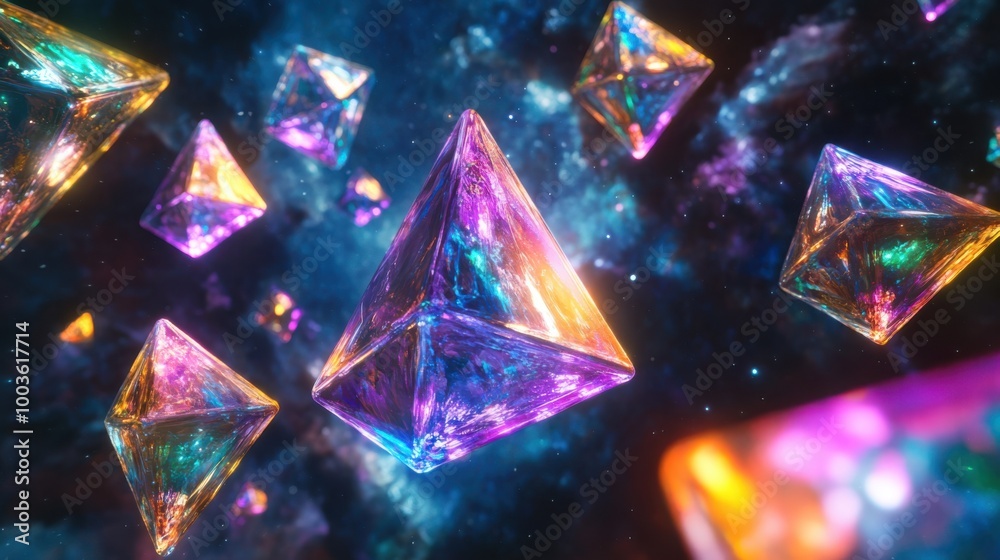 A series of holographic tetrahedrons with bright, shifting colors and smooth, reflective surfaces, A series of holographic tetrahedrons with bright, shifting colors and smooth, reflective surfaces,