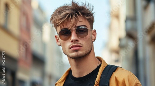 A young man with a trendy undercut hairstyle standing against an urban backdrop, showcasing confidence and contemporary fashion.