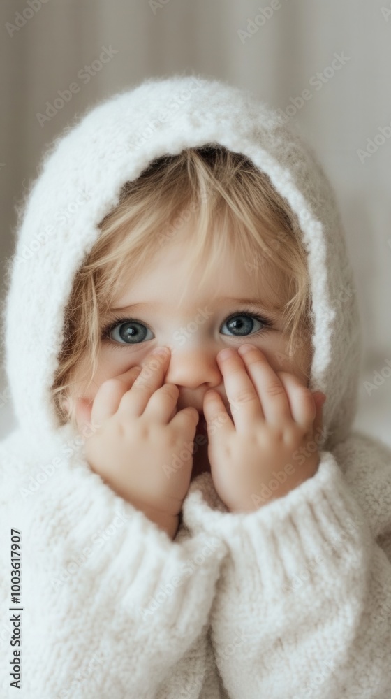 A little girl wearing a white sweater covering her eyes A little girl wearing a white sweater covering her eyes