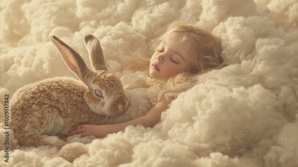 A little girl laying on a fluffy blanket with a rabbit A little girl laying on a fluffy blanket with a rabbit