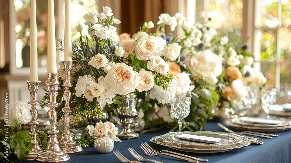 Elegant dining table adorned with floral arrangements and silverware for a special occasion.