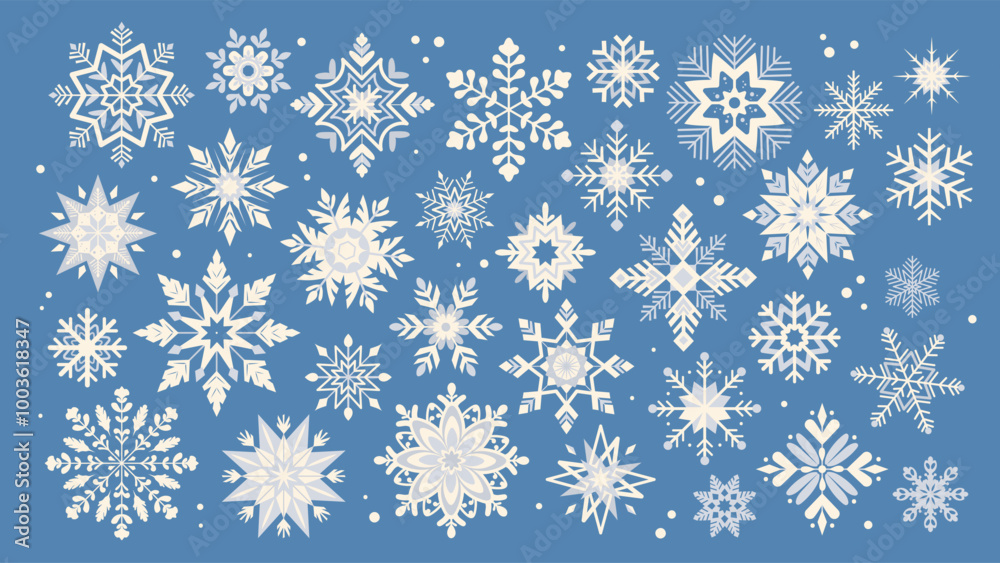 Set of snowflakes on blue background. Snowflakes with different ornaments, snow patterns. Vector elements Set of snowflakes on blue background. Snowflakes with different ornaments, snow patterns. Vector elements